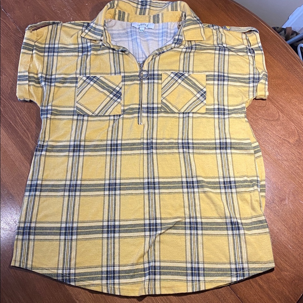 Women's Yellow Plaid Soft 1/4 Zipper Short Sleeve Top Collard